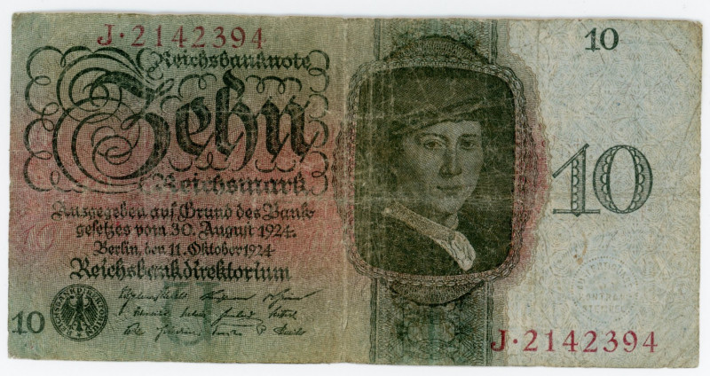 Germany - Weimar Republic 10 Reichsmark 1924
P# 175; N# 208943; # J2142394; VG+...