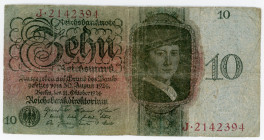 Germany - Weimar Republic 10 Reichsmark 1924
P# 175; N# 208943; # J2142394; VG+, Restorated