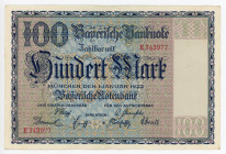 Germany - Weimar Republic Bavaria Bayerische Notenbank 100 Mark 1922 Notgeld
P# S923; N# 209302; # E343977; XF-AUNC