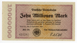 Germany - Weimar Republic Prussia, Berlin Deutsche Reichsbahn 10 Millionen Mark 1923 Notgeld
P# S1014; N# 208690; HR-34; # 421291; AUNC