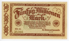 Germany - Weimar Republic Prussia, Berlin Deutsche Reichsbahn 50 Millionen Mark 1923 Notgeld
P# S1016; N# 240630; HR-24; # 25366; XF