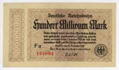Germany - Weimar Republic Prussia, Berlin Deutsche Reichsbahn 100 Millionen Mark 1923 Notgeld
P# S1017; N# 219264; # Fa 145094; XF-