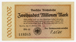 Germany - Weimar Republic Prussia, Berlin Deutsche Reichsbahn 200 Millionen Mark 1923 Notgeld
P# S1018; N# 224777; HR-11; # 118345; XF