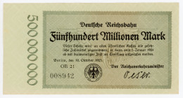 Germany - Weimar Republic Prussia, Berlin Deutsche Reichsbahn 500 Millionen Mark 1923 Notgeld
P# S1019; N# 245366; OB 21; # 008942; XF+