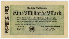 Germany - Weimar Republic Prussia, Berlin Deutsche Reichsbahn 1 Milliarde Mark 1923 Notgeld
P# S1020; HR-19; # 05919; XF