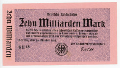 Germany - Weimar Republic Prussia, Berlin Deutsche Reichsbahn 10 Milliarden Mark 1923 Notgeld
P# S1021; GH45; XF
