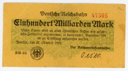 Germany - Weimar Republic Prussia, Berlin Deutsche Reichsbahn 100 Milliarden Mark 1923 Notgeld
P# S1024; RH-31; # 47305; XF-