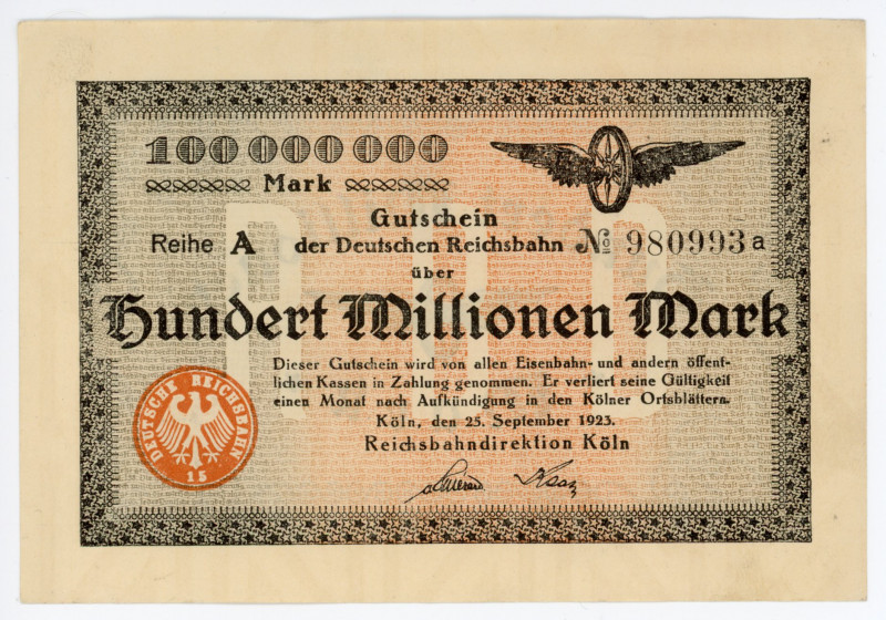 Germany - Weimar Republic Prussia, Cologne Reichsbahndirektion 100 Millionen Mar...