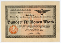 Germany - Weimar Republic Prussia, Cologne Reichsbahndirektion 100 Millionen Mark 1923 Notgeld
P# S1288; N# 245430; Serie A; # 980993a; UNC