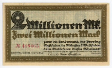 Germany - Weimar Republic Westphalia, Münster 2 Millionen Mark 1923 Notgeld
N# 209352; # 418465; AUNC