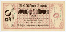 Germany - Weimar Republic Westphalia, Münster 20 Millionen Mark 1923 Notgeld
N# 277689; # A 247852; UNC