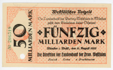 Germany - Weimar Republic Westphalia, Münster 50 Milliarden Mark 1923 Notgeld
# 206519; AUNC Holed