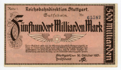 Germany - Weimar Republic Württemberg, Stuttgart Reichsbahndirektion 500 Milliarden Mark 1923 Notgeld
P# S1378; Serie 1; # 65587; Reichsbahndirekion ...
