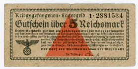 Germany - Third Reich Lagergeld 5 Riechsmark 1939 - 1944 (ND)
Ros. 520; # 1 2881534; VF