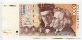 Germany - FRG 1000 Deutsche Mark 1991
P# 44a; N# 206869; # AA1493210G2; AUNC