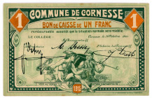 Belgium Cornesse 1 Francs 1915 Emergency Issue
# 019119; AUNC