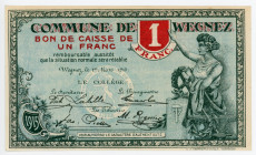 Belgium Wegnez 1 Francs 1915 Emergency Issue
# 012385; UNC