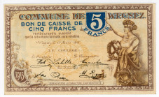 Belgium Wegnez 5 Francs 1915 Emergency Issue
# C 134110; UNC