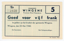 Belgium Wingene 5 Francs 1940 (ND) Notgeld
Pi. / Si. 127; # 1059; Gemeente Wingene; UNC