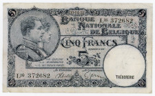 Belgium 5 Francs 1938
P# 108a; N# 205471; # L16 372682; VF