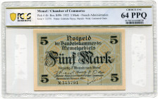 Memel 5 Mark 1922 PCGS 64 PPQ
P# 4b; N# 204937; # 315791; UNC