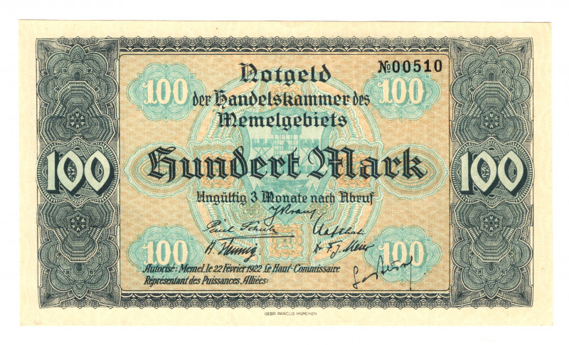Memel 100 Mark 1922
P# 9; N# 204386; # 00510;UNC