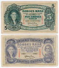 Norway 5 & 10 Kroner 1901 - 1944
P# 7c, 8c; N# 295487; N# 305222; # S 1184155; # A 4442653; VF-
