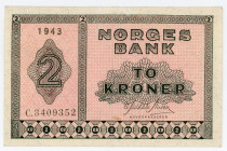 Norway 2 Kroner 1943
P# 16; N# 242452; # C.3409352; VF+