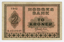 Norway 2 Kroner 1942
P# 16a; N# 242452; #B.4250648; VF