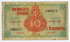 Norway 10 Kroner 1944
P# 20b; N# 301823; #Z385273; Pinholes; F-VF