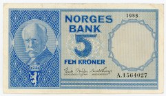 Norway 5 Kroner 1955
P# 30; N# 212482; # A.1564027; VF+