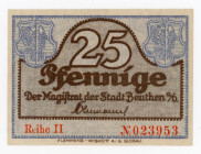 Poland Beuthen/Bytom 25 Pfennige 1921 Notgeld
B37.2e B5; # 023953; UNC