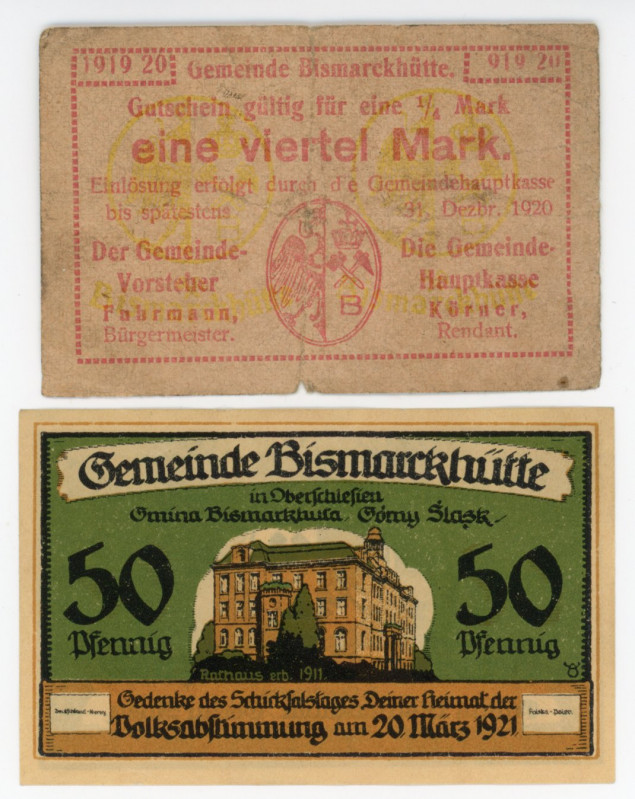 Poland Bismarckhütte/Chorzów Lot of 2 Notgelds 1920 -1921
Tieste : 0695.10.45 &...