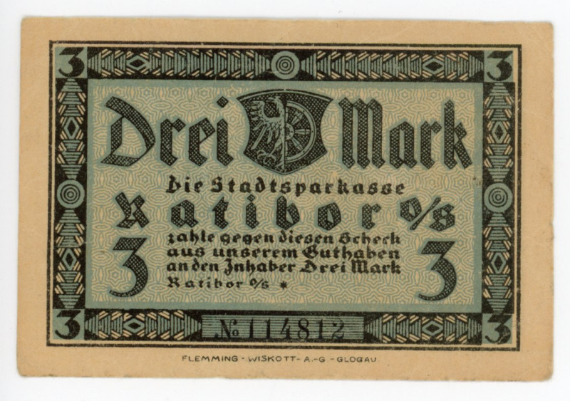 Poland Ratibor/Ratiboř/Racibōrz 3 Mark 1922 Notgeld
Keller B8; # 114812; VF-XF...