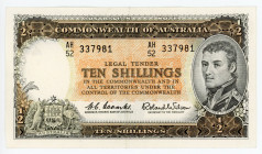 Australia 10 Shillings 1954 - 1960 (ND)
P# 29a; N# 202357; # AH52-337981; AUNC