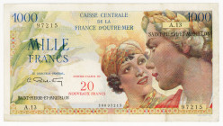 French Pacific Territories 1000 Francs / 20 Nouveaux Francs 1964 (ND)
P# 34; N# 215440; # A.13 972185; XF-