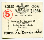 Keeling Cocos Islands 5 Rupees 1902
P# S128; N# 292005; # Y/E 1823; XF