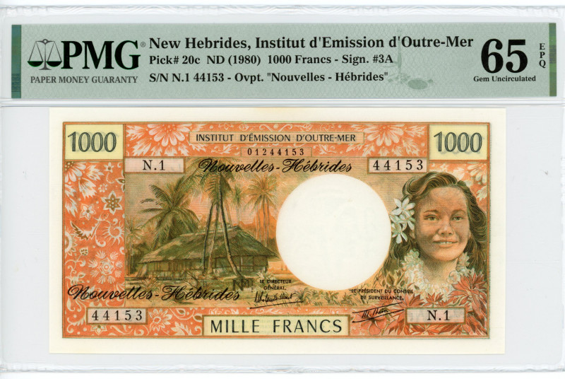 New Hebrides 1000 Francs 1980 (ND) PMG 65 EPQ
P# 20c; N# 217183; # N.1 44153; U...