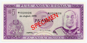 Tonga 5 Pa'anga 1978 Specimen
P# 21s; N# 238384; # 010026; UNC