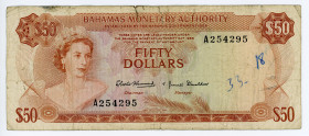 Bahamas 50 Dollars 1968
P# 32a; N# 223370; #A254295; 2 Signatures; Very Rare; F-VF