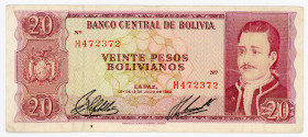 Bolivia 20 Pesos Bolivianos 1962
P# 161a; N# 280171; # H472372; VF