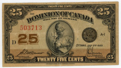 Canada 25 Cents 1923 Shinplaster
P# 11b; Ch P# DC-24; N# 201600; # A1-503713; Crispy; VF+