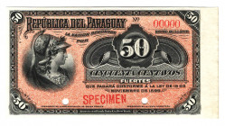 Paraguay 50 Centavos 1899 Specimen
P# 95s; # 00000; UNC