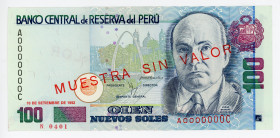 Peru 100 Nuevos Soles 1992 Specimen
P# 155s; N# 205615; #A0000000C; UNC