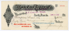 United States Bank of Austin Nevada Cheque 1908
Perforated "PAID"; XF