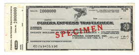 United States Travel Cheque Perera Express 20 Dollars 1970 (ND) Specimen
# 000000; AUNC