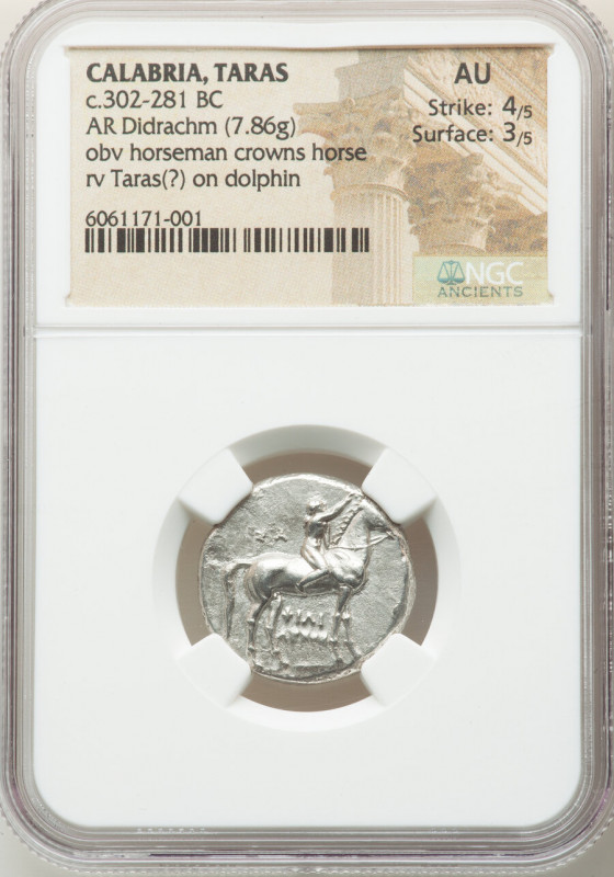 CALABRIA. Tarentum. Ca. 302-281 BC. AR didrachm (21mm, 7.86 gm, 6h). NGC AU 4/5 ...