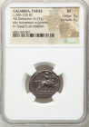 CALABRIA. Tarentum. Ca. 240-228 BC. AR stater or didrachm (21mm, 6.37 gm, 6h). NGC XF 5/5 - 5/5. Olympis, magistrate. OΛYMΠIΣ, warrior on horse gallop...