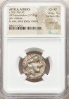 ATTICA. Athens. Ca. 393-294 BC. AR tetradrachm (21mm, 17.21 gm, 8h). NGC Choice XF 5/5 - 4/5, overstruck. Late mass coinage issue. Head of Athena with...