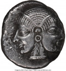 MYSIA. Lampsacus. Ca. 500-450 BC. AR drachm (18mm, 5.13 gm, 8h). NGC Choice XF 4/5 - 2/5, die shift. Janiform female head adorned with bands in hair a...